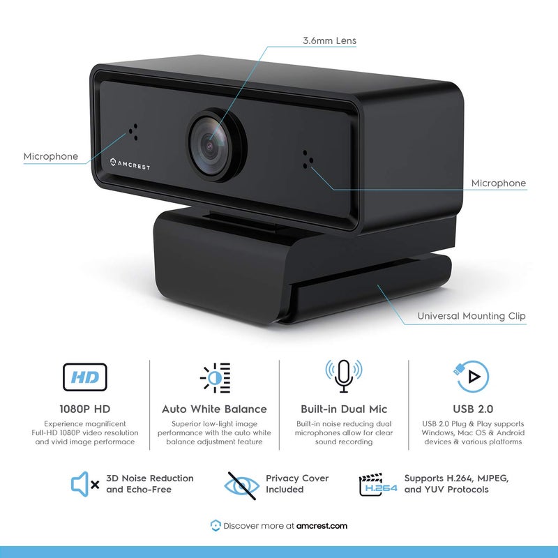 Amcrest 1080P Webcam with Microphone & Privacy Cover, 2 Noise-Cancelling Mics, USB Webcams for Desktop/Laptop PC Computer, Web Cam for Calls, Conference, Zoom, Skype, Online Classes, Meetings AWC2198 - Image 2